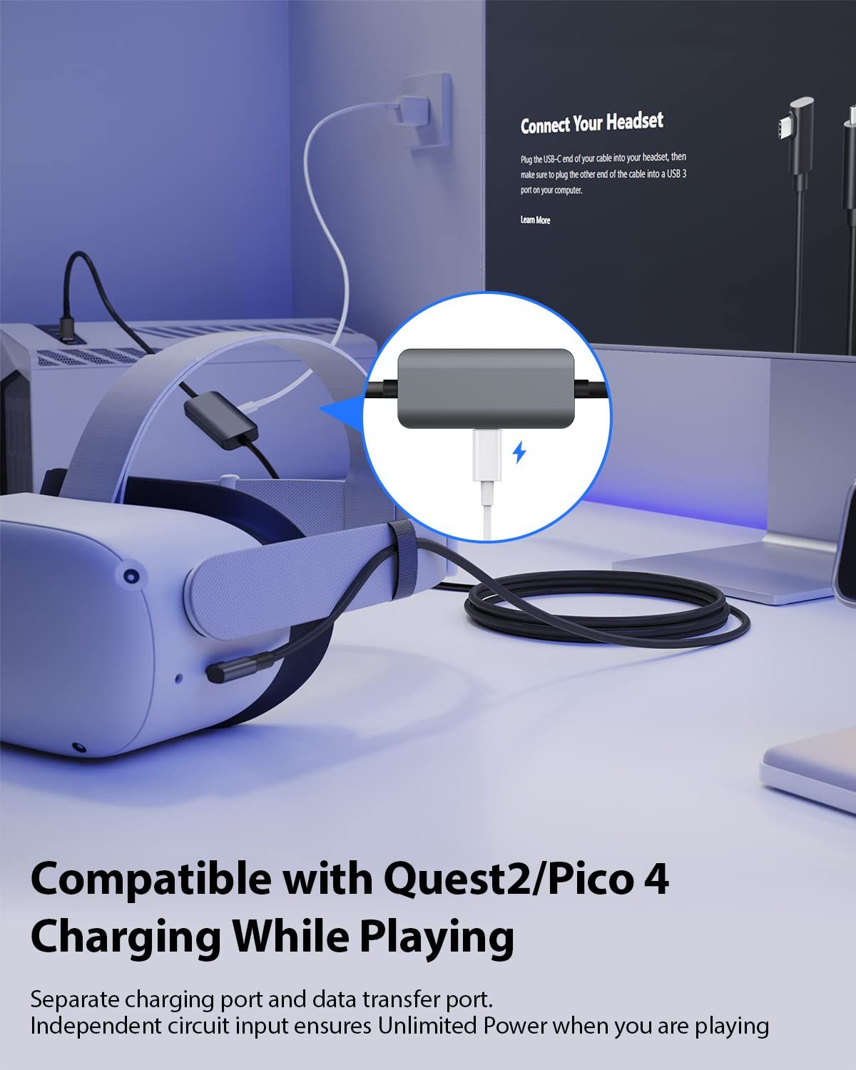 Amavasion リンクケーブル 16フィート Oculus/Meta Quest 2/3/Pico 4アクセサリー対応 電源用個別充電ポート付き 高速USB 3.0 Type A to Cデータ転送 VR/ゲームPC用 ブラック [ブラック] [16FT]