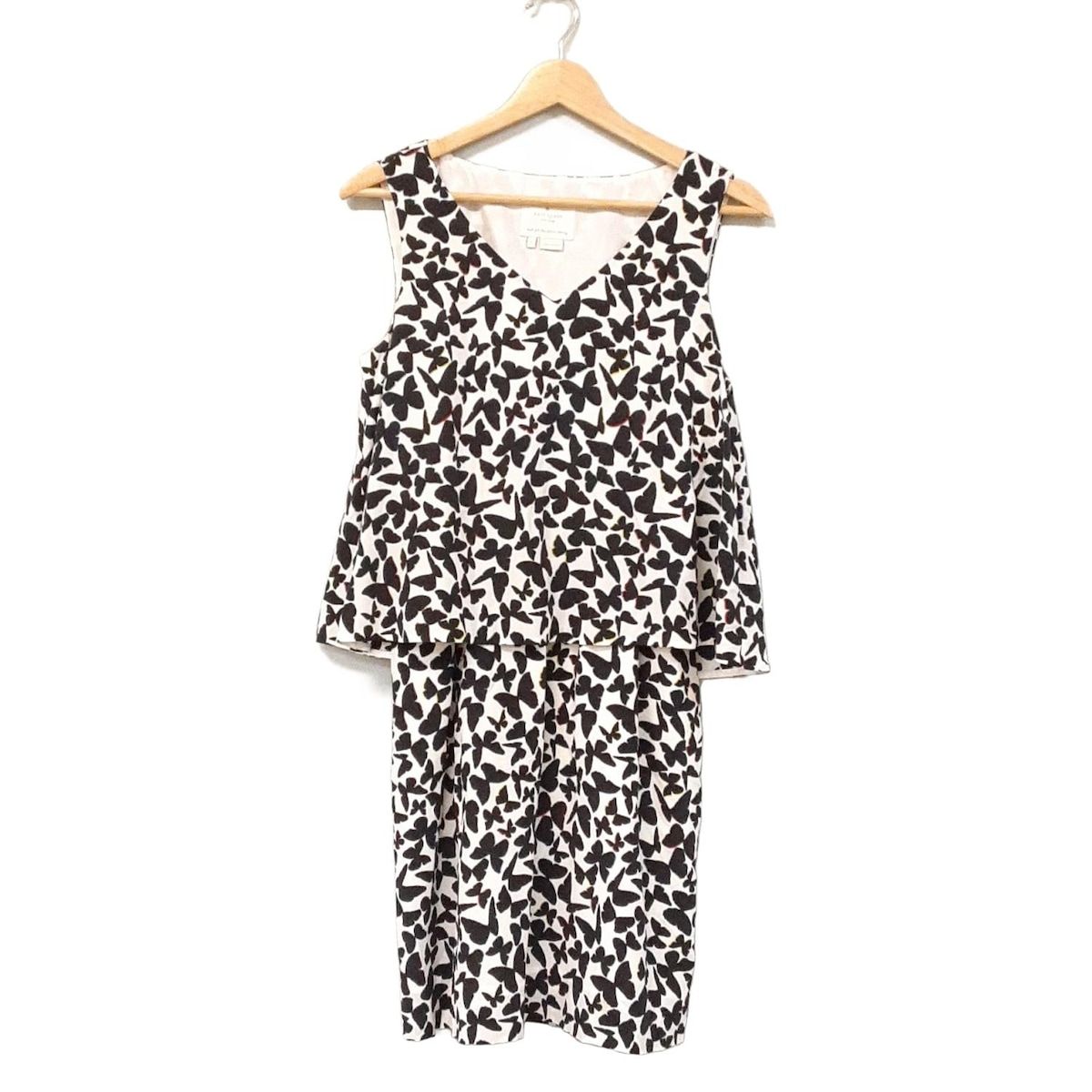 Kate spade ケイトスペード ワンピース サイズ2 S レディース - 黒×白×マルチ Vネック ノースリーブ ひざ丈 バタフライ 蝶