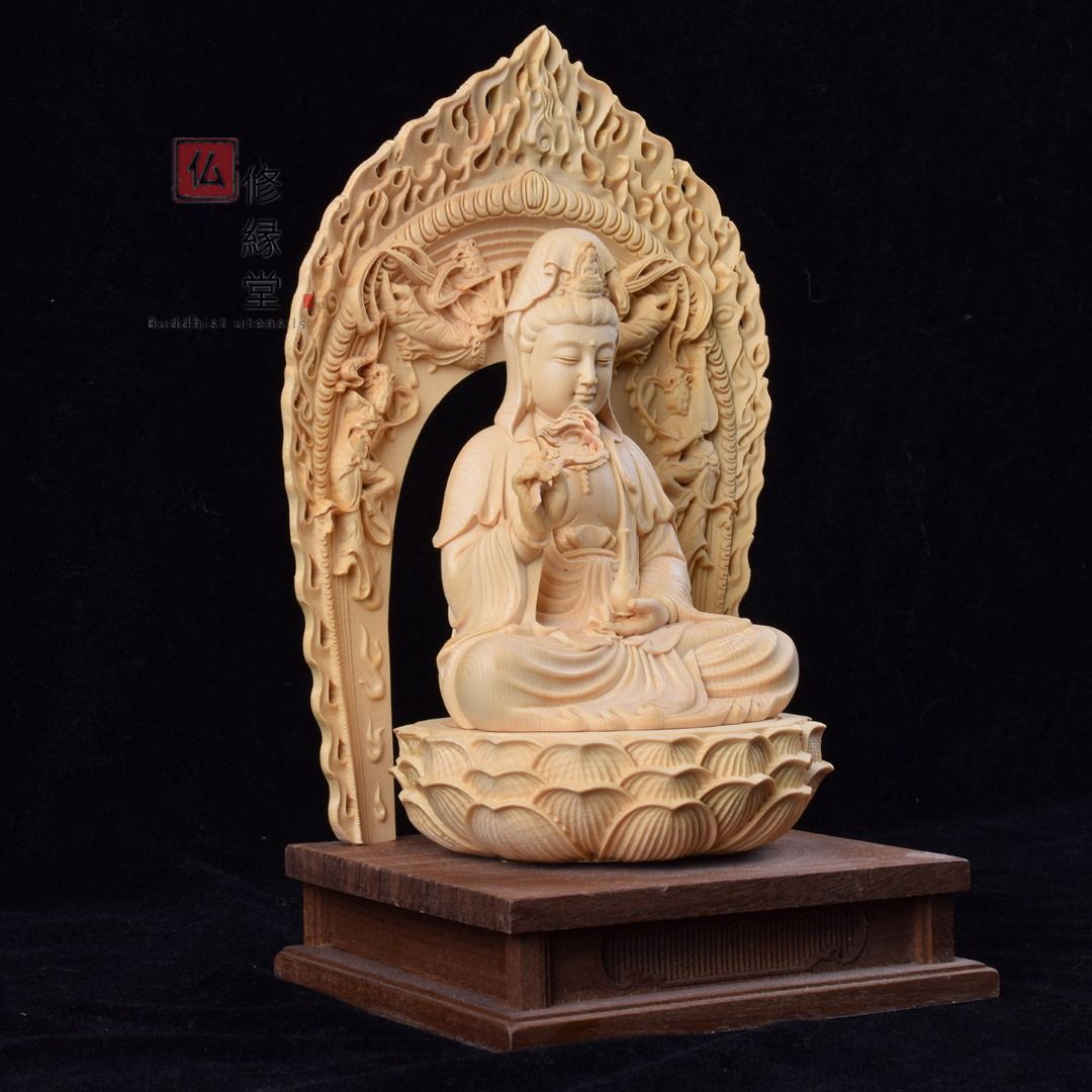 修縁堂】最高級 木彫仏像 観音菩薩座像 彫刻 一刀彫 天然木檜材