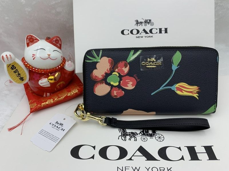 コーチ 長財布 COACH 財布 ネイビー系マルチ PVC フローラル プリント