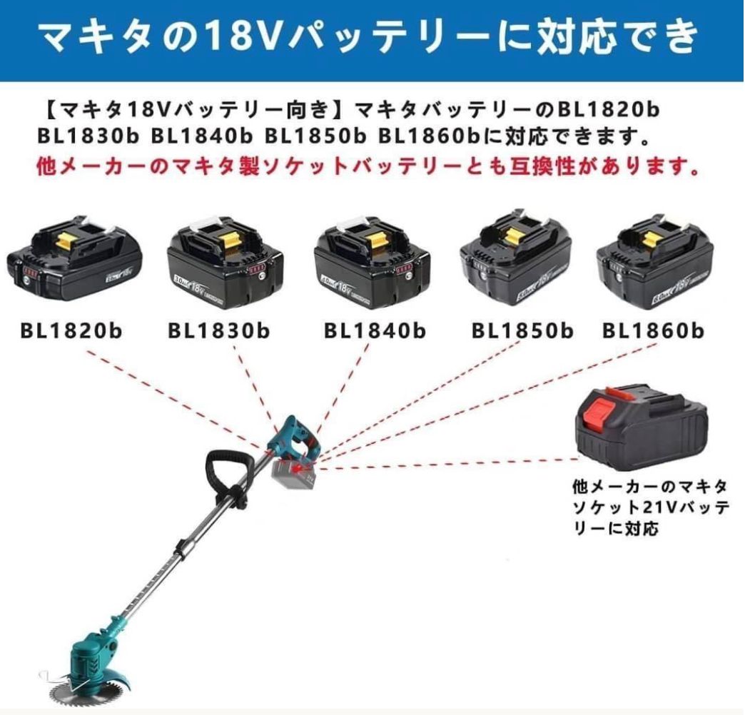 品質保証☆草刈り機 充電式草刈機 電動草刈り機 マキタ18vバッテリー互換 6インチ 2.0Ah大容量バッテリー2個搭載 - メルカリ