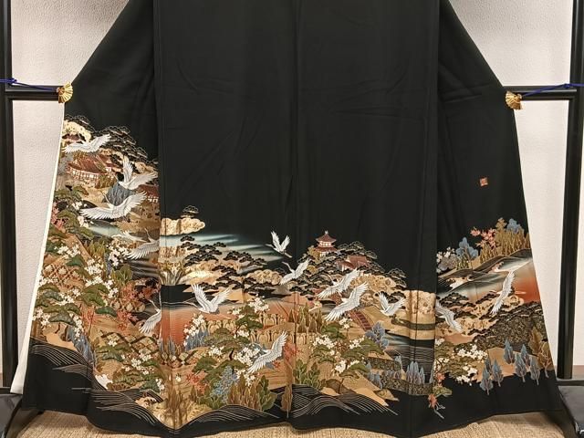 平和屋着物●豪華黒留袖　飛鶴草花文　暈し染め　正絹　逸品　AABA4293ph 平和屋着物○豪華黒留袖 飛鶴草花文 暈し染め 正絹 逸品