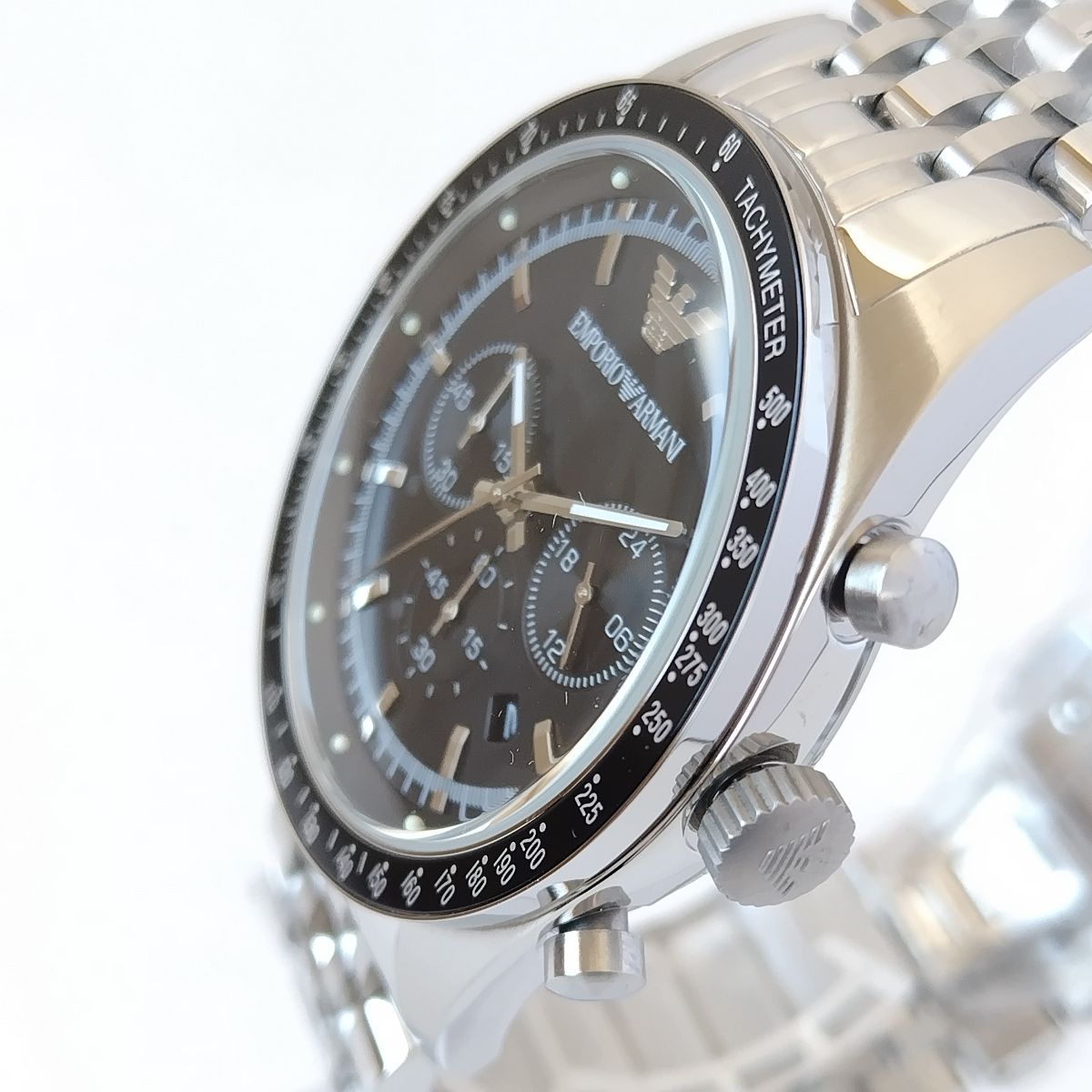 ブラック/シルバー新品エンポリオ・アルマーニ43mmクロノ日付 