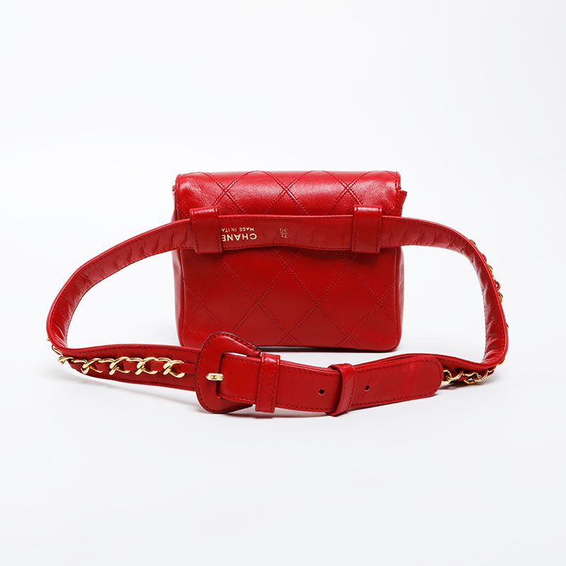 美品　CHANEL シャネル　ビコローレ　ターンロック　ウエストバッグ　赤 CHANEL シャネル ウエストバッグ ベルト ラムスキン ビコローレ