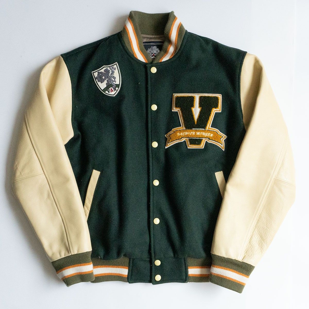 VAN JACKETスタジャン アーチロゴ ワッペン 刺繍　袖レザー　M 美品/LL✨VAN JACKET スタジャン 袖レザー アーチロゴ ブラック