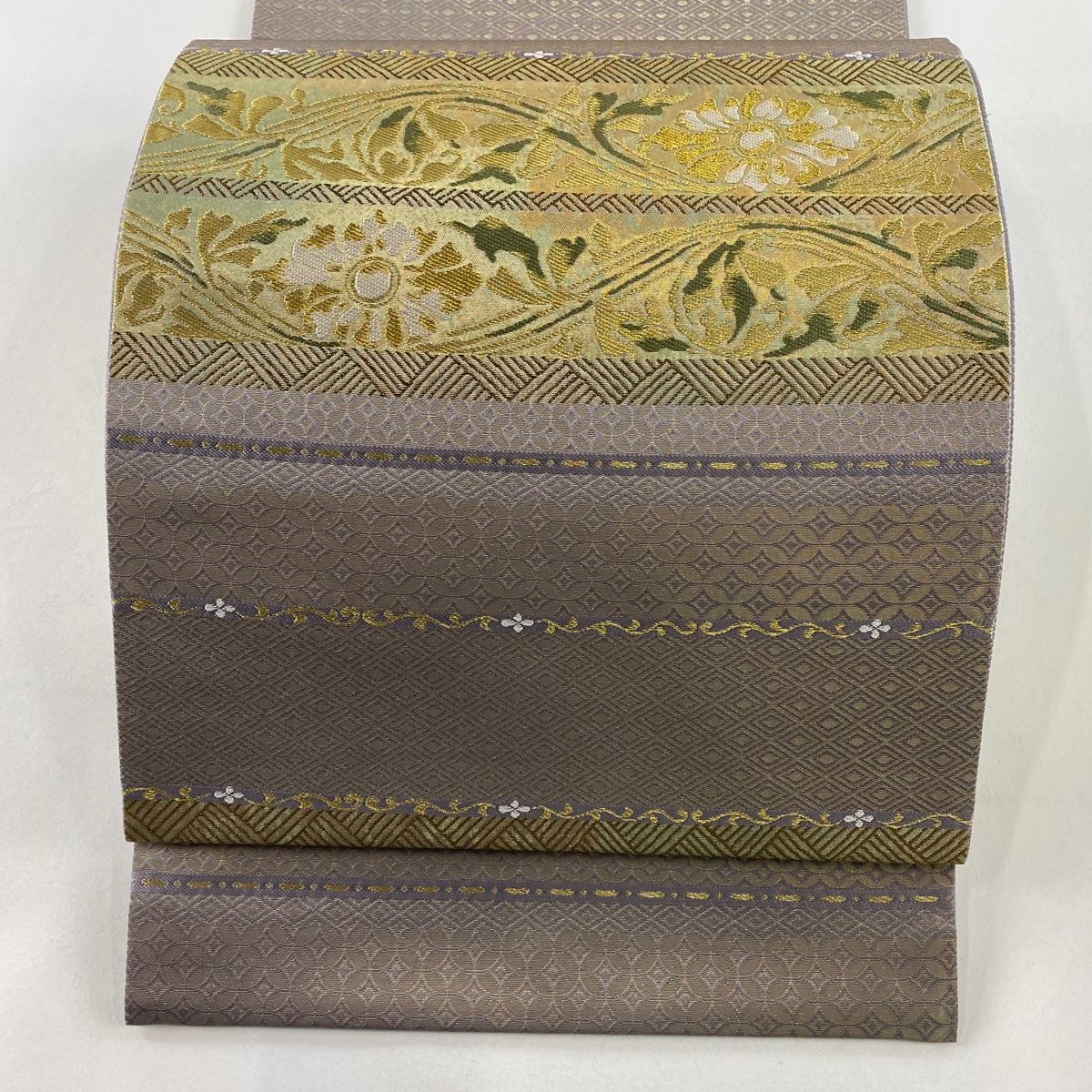 袋帯 秀品 草花 段縞 箔 金糸 灰紫 六通 正絹