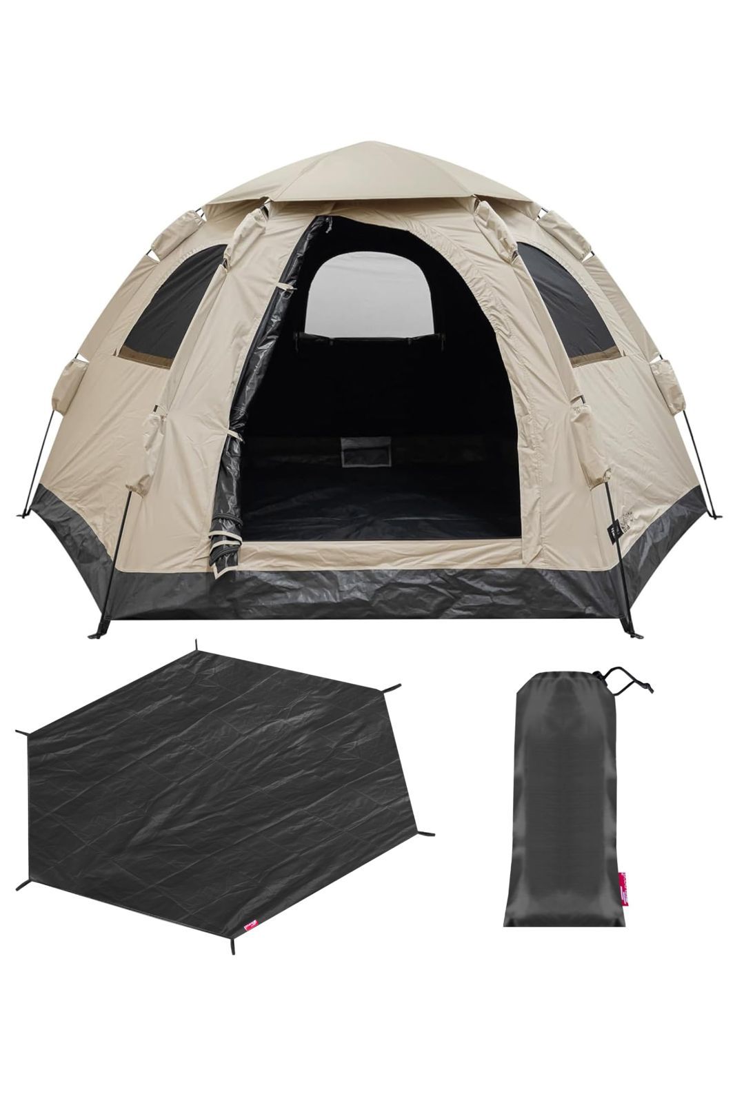 完全遮光 ワンタッチ テント ヘキサゴン型 306cm×260cm 収納バッグ付き 5人用 PUコーティング スクエア 簡単 遮熱 UVカット 耐水圧16 000mm ドーム 軽量 グラスファイバー フルクローズ 大型 日差し ダブルファスナー