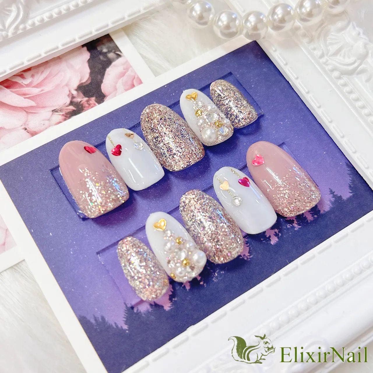 現品】ネイルチップ クリスマスネイル ピンク ゴールド - メルカリ