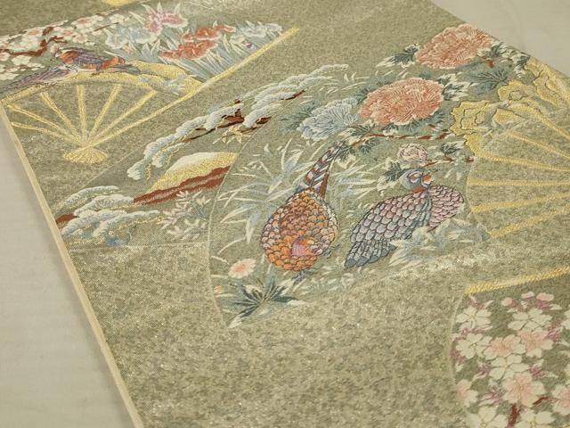 正絹袋帯 全通 両面帯 縁起 鳳凰 鶴 呉服店 着物 和服 高級和服 和装小物 袋帯 麗鳳華飾 花鳳凰文様 薄緑色 金糸 六通柄 正絹 フォーマル 仕立て