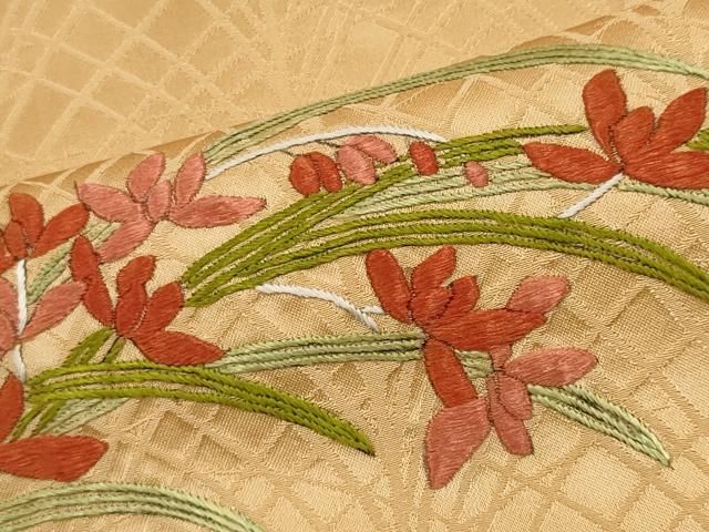 平和屋着物○訪問着 総刺繍 草花文 抹茶色 正絹 逸品 DAAR4321tw