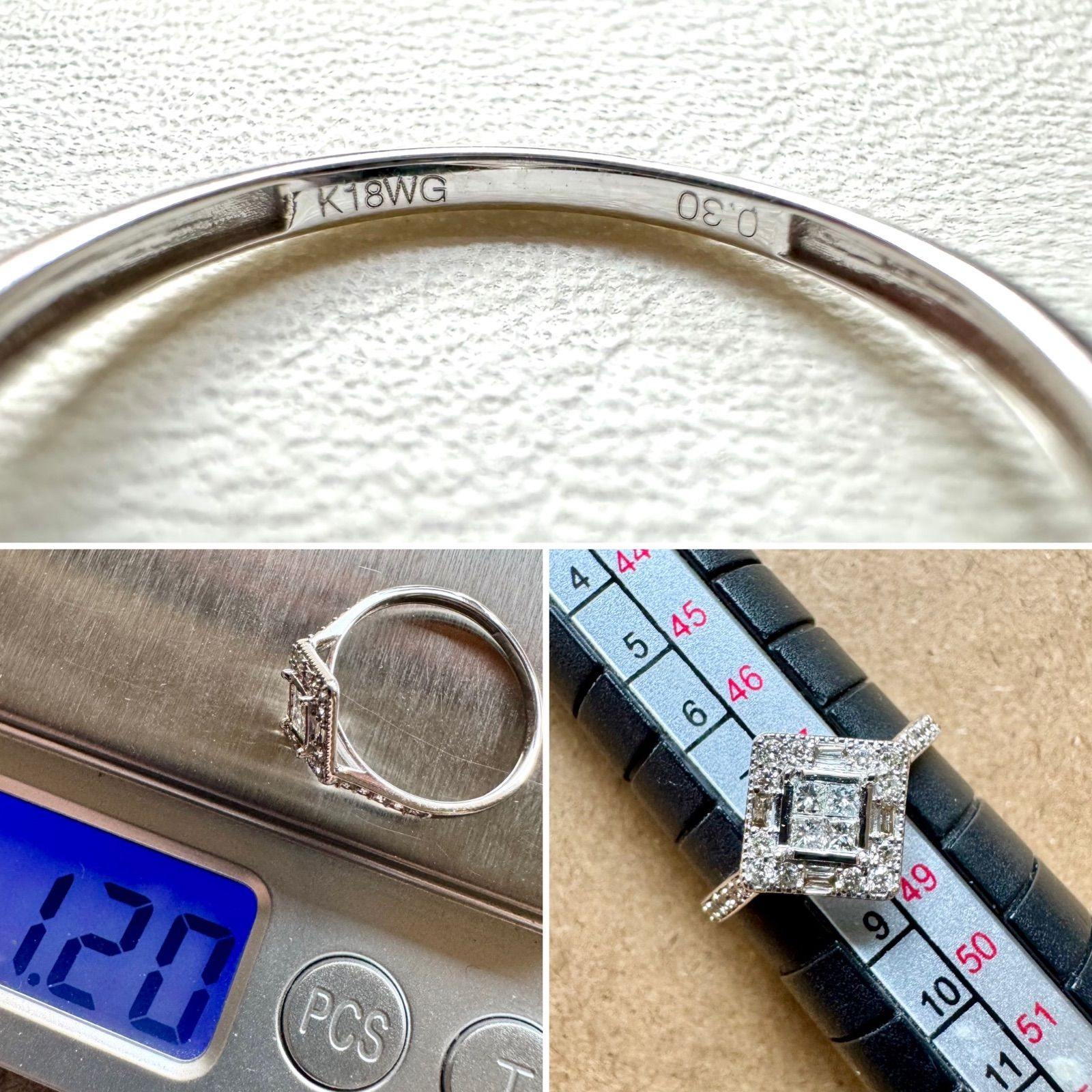 3種カットダイヤモンド◇K18WG*8号*バケットカットダイヤモンドリング  