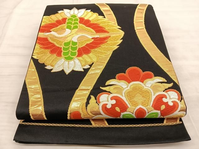 華 袋帯 お太鼓柄 千鳥 汕頭刺繍 山 鳥 グレー