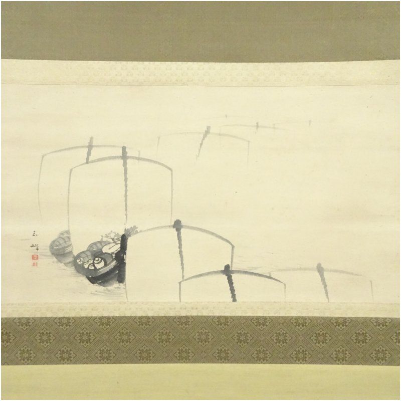 長谷川玉峰筆 宝船 肉筆紙本掛軸 掛け軸 床の間 書 おしゃれ 絵画 表具 芸術 茶道 年中掛け インテリア 茶掛 掛物 和室