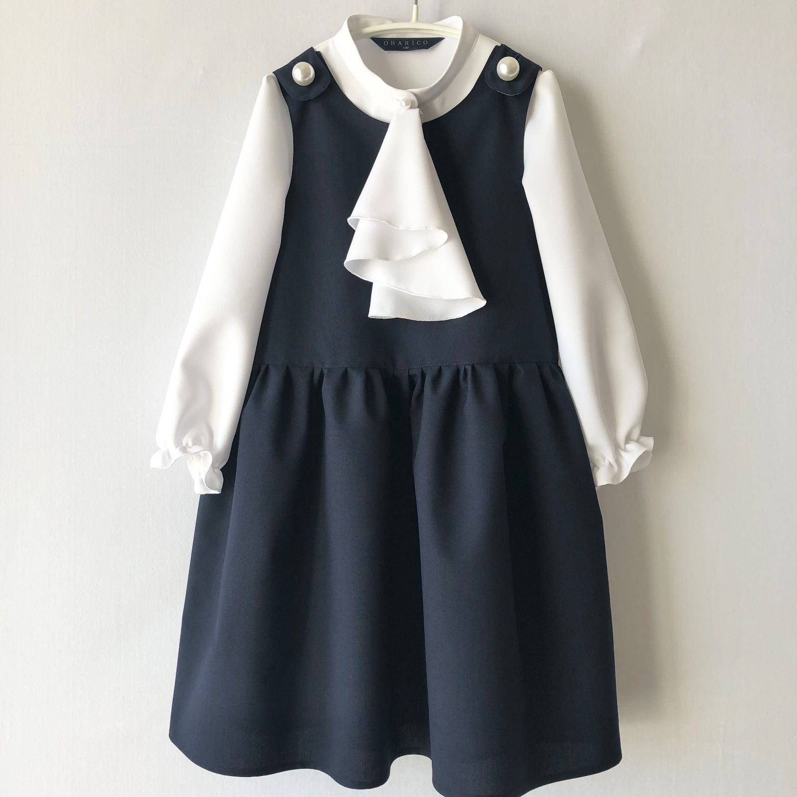 【3wayフォーマルコーデセット】大きなパールボタンのよそゆきワンピース【ネイビー/子ども服/スタンドカラーシャツブラウス/リボン/ジャボ】