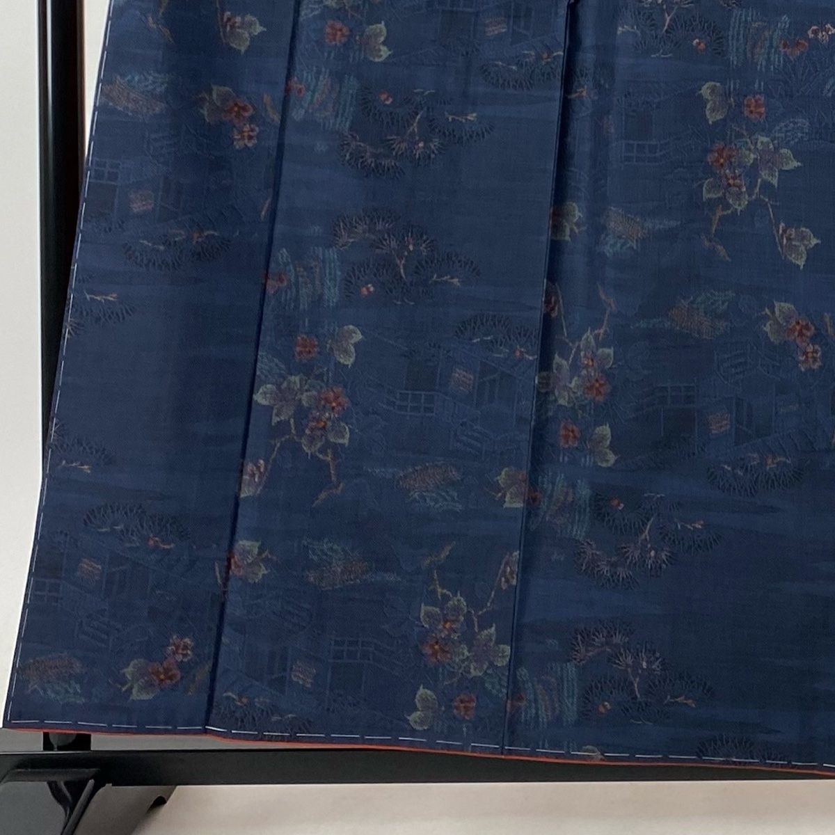 紬 身丈159cm 裄丈63.5cm S 袷 名古屋帯セット 枝花 家屋 紺色 正絹 美  