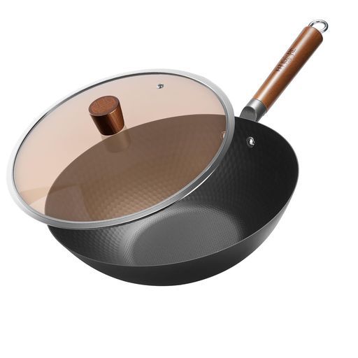 WANGYUANJI軽量型鉄製中華鍋鉄フライパン深型窒化鉄鍋炒め鍋蓋付き32cm