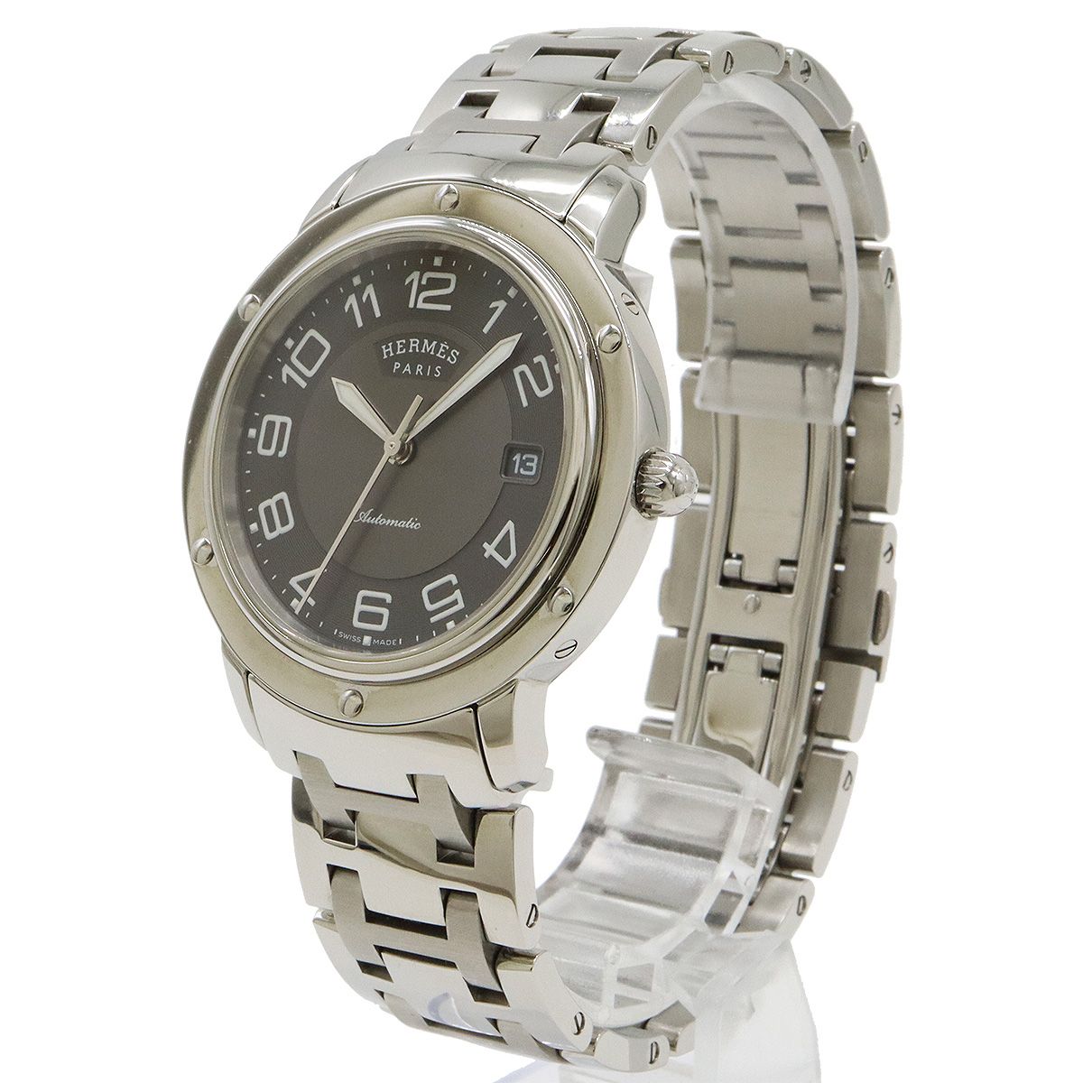 HERMES エルメス クリッパークラシック デイト グレー文字盤 SS メンズ  