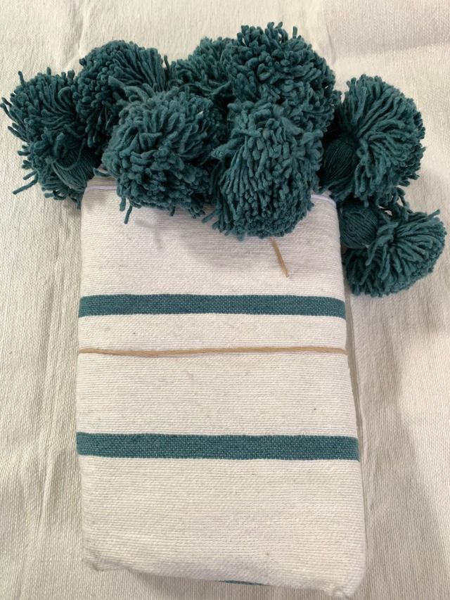 モロッコ直輸入 ポンポンブランケット 綿100% ベージュ：モロッコ