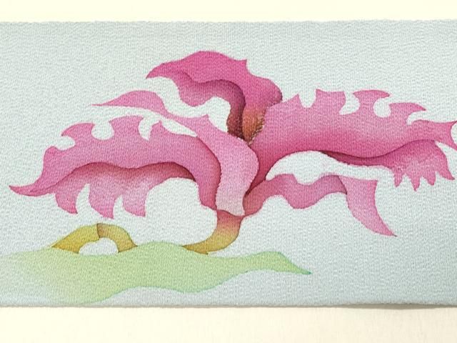 平和屋着物●九寸名古屋帯　ろうけつ染め　枝花文　鬼しぼ縮緬　枝花文　正絹　逸品　CAAY2632hy 平和屋着物◎九寸名古屋帯 作家物 ろうけつ染め 草花文 鬼しぼ縮緬