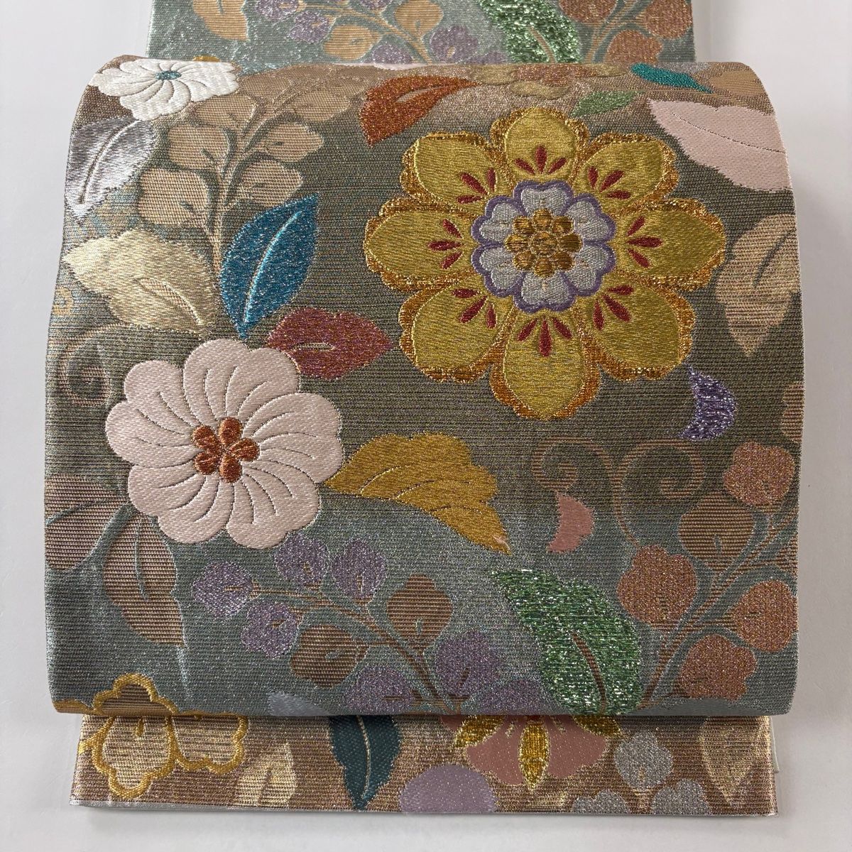 袋帯 秀品 花唐草 草花 金銀糸 箔 薄緑 全通 正絹