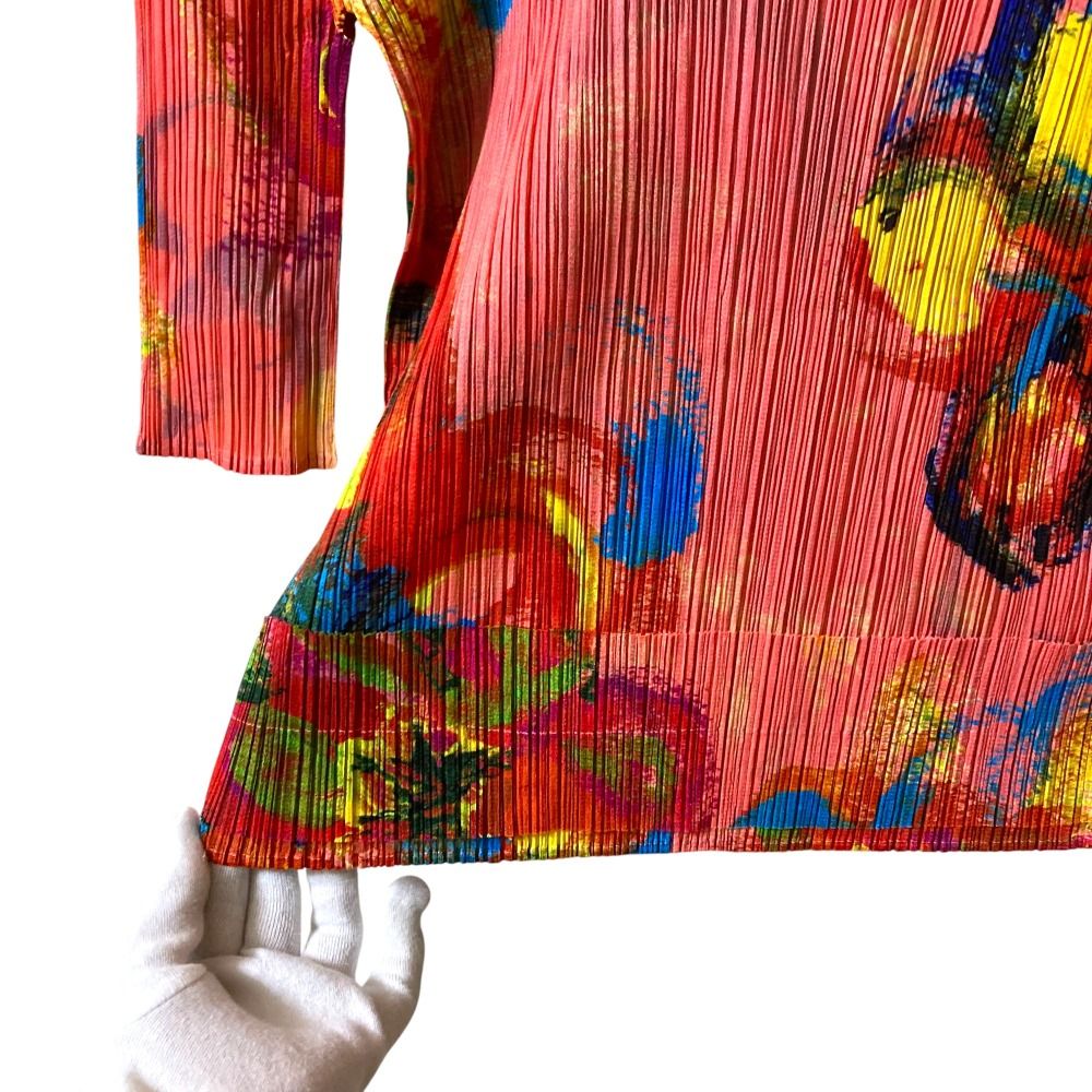  PLEATS PLEASE プリーツプリーズ イッセイミヤケ 抽象的フラワープリント カットソー PP 61-JK 752 サイズ3 マルチ レディース 古着 五分袖 七分袖 Tシャツ カットソー