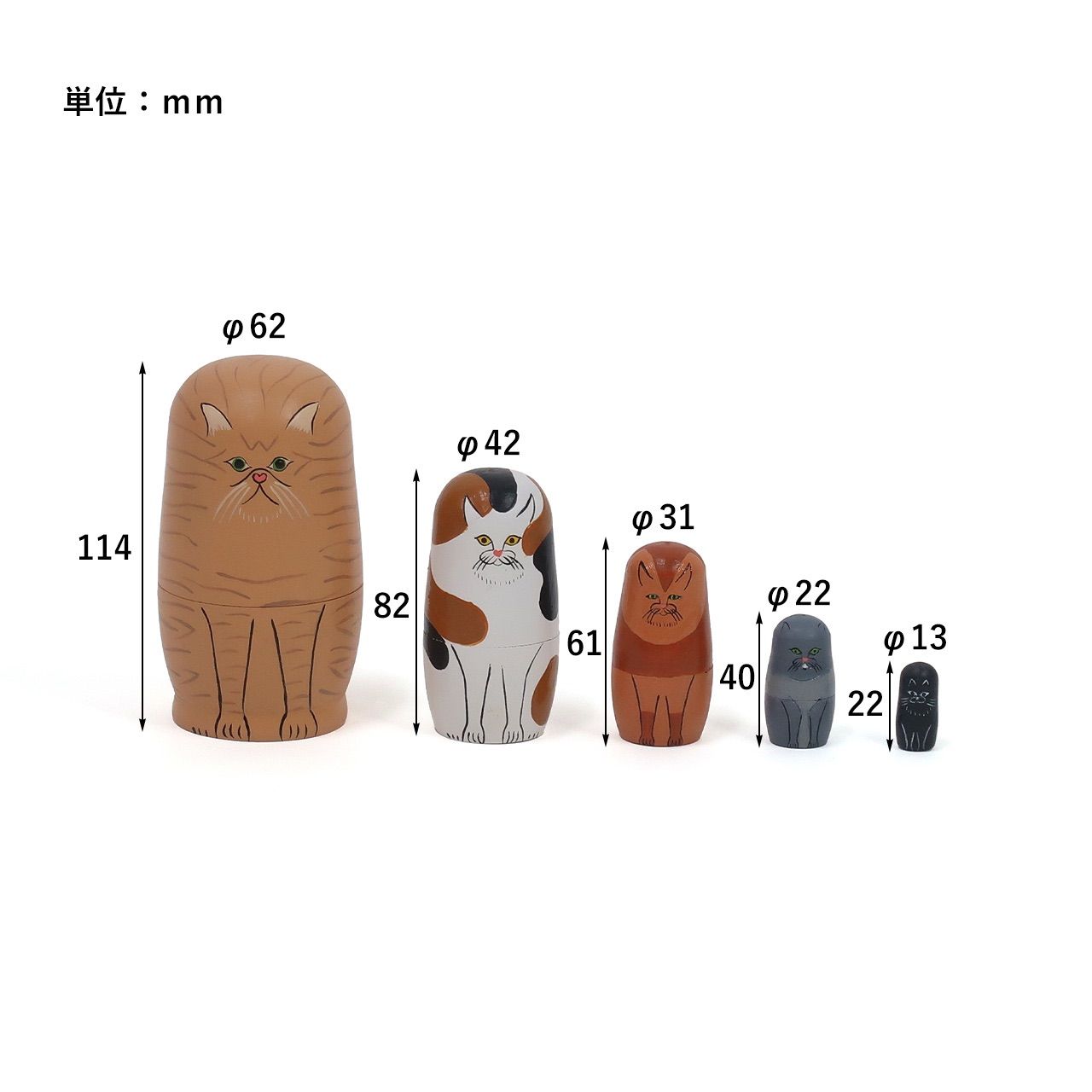 猫の木製マトリョーシカ 猫の置物 猫雑貨 アンティーク 天然木 ロシア 