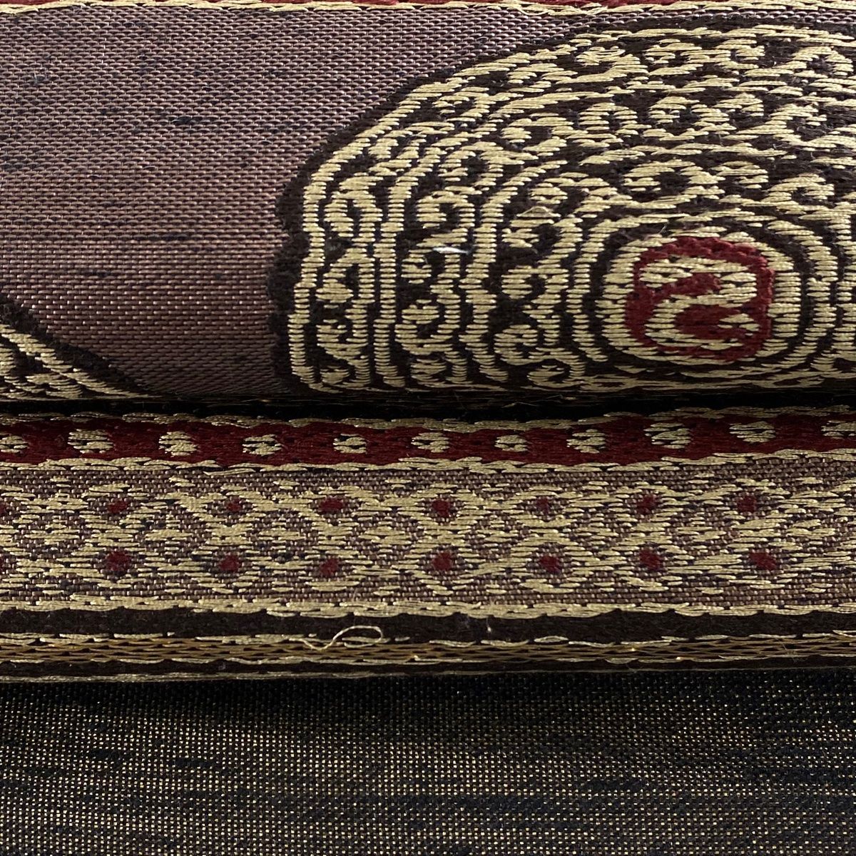 袋帯 秀品 落款 本草木染 幾何学模様 箔 焦茶色 六通 正絹 【中古