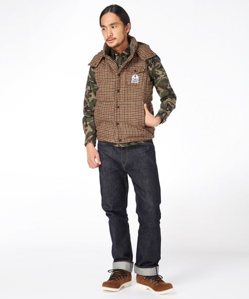 シップス別注 FIDELITYxHARRIS TWEED フード付きダウンベスト 美品 SHIPS X FIDELITY ハリスツイード ダウンベスト M ガン