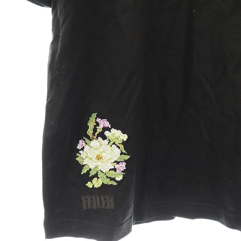 稀少！FEILER フェイラー フラワー刺繍入りフリルカットソー Tシャツ FEILER◇フェイラー フラワー刺繍フリル袖カットソーTシャツ 黒