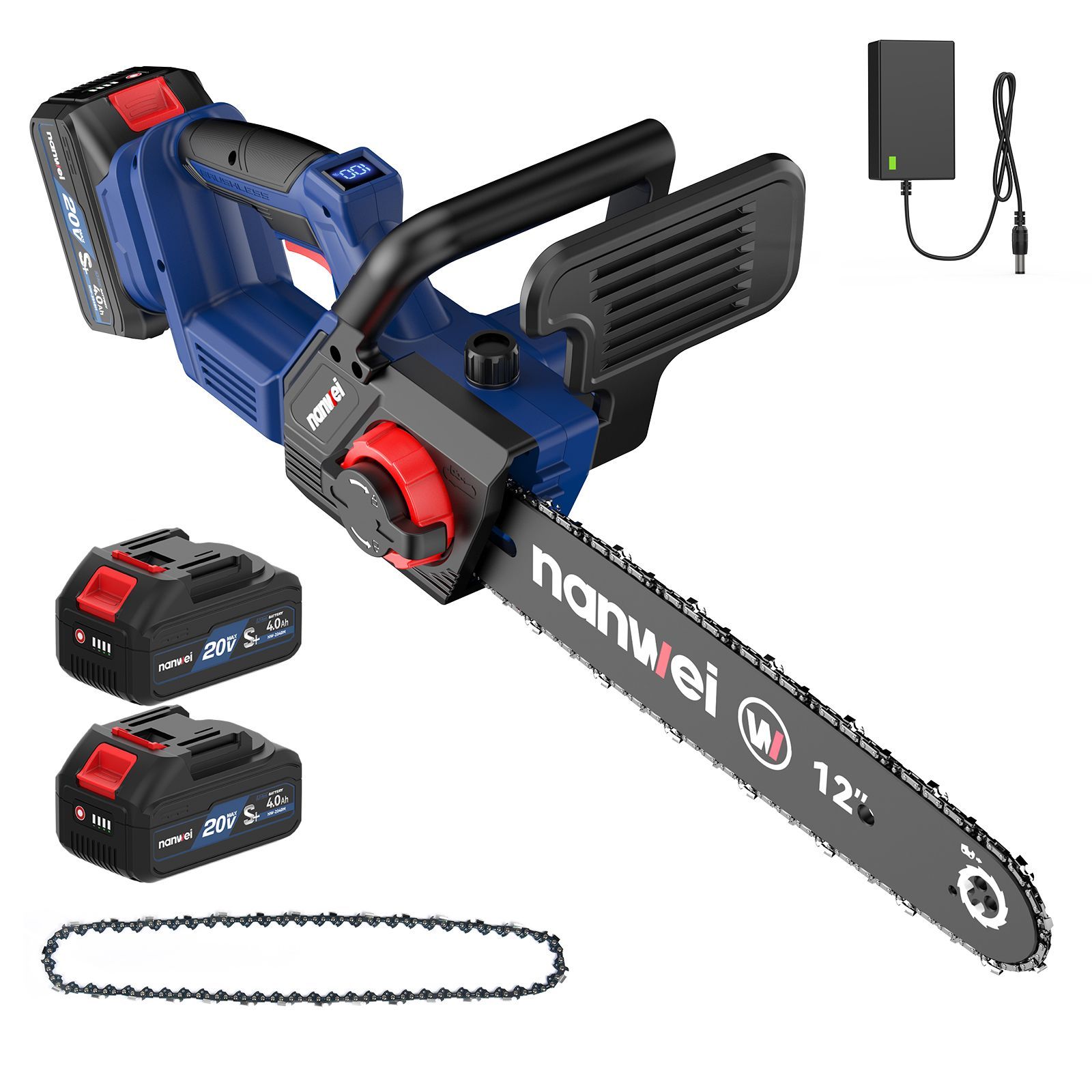 NANWEI チェーンソー充電式 12インチ 自動給油式 工具レス調整 電動チェーンソー ブラシレスモーター 電動のこぎり 軽量 伐採 枝払い 枝打ち 薪作り 庭木の剪定 電動ノコギリ マキタ18Vバッテリー対応 4.0Ahバッテリーセット