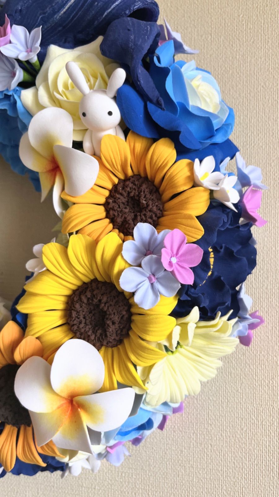【専用となりました】クレイフラワー❁フラワーリース特大❁鳥❁ハンドメイド 専用となりました】クレイフラワー❁フラワーリース特大❁鳥
