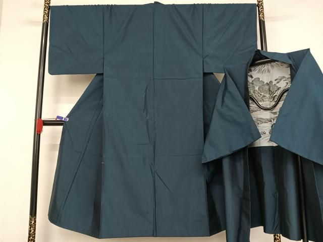 平和屋着物●男性　紬　アンサンブル　青藍色　正絹　逸品　AAAV9069np 平和屋着物○男性 紬 アンサンブル 青藍色 正絹 逸品 AAAV9069np