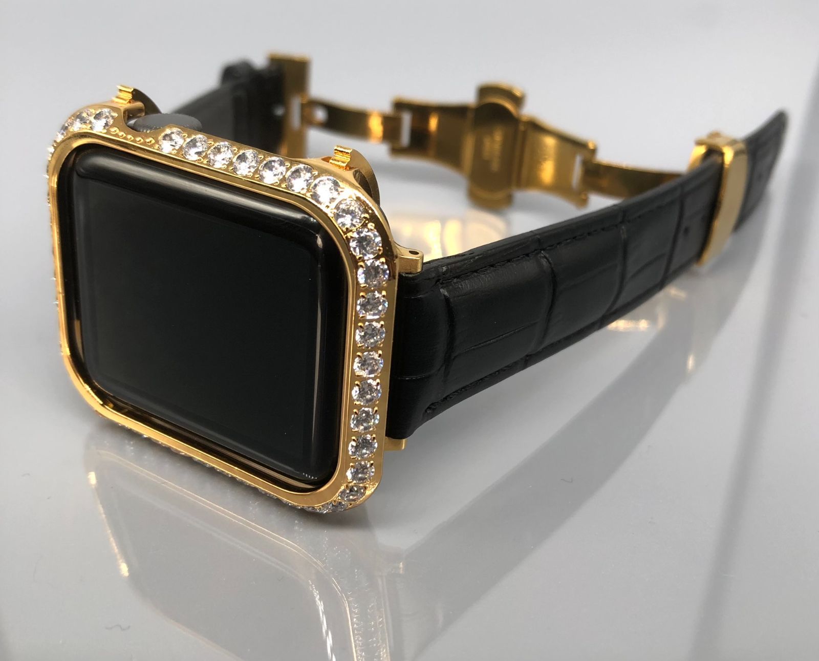 アップルウォッチGOLDカバーケースキラキラApple Watchレザー黒バンド 