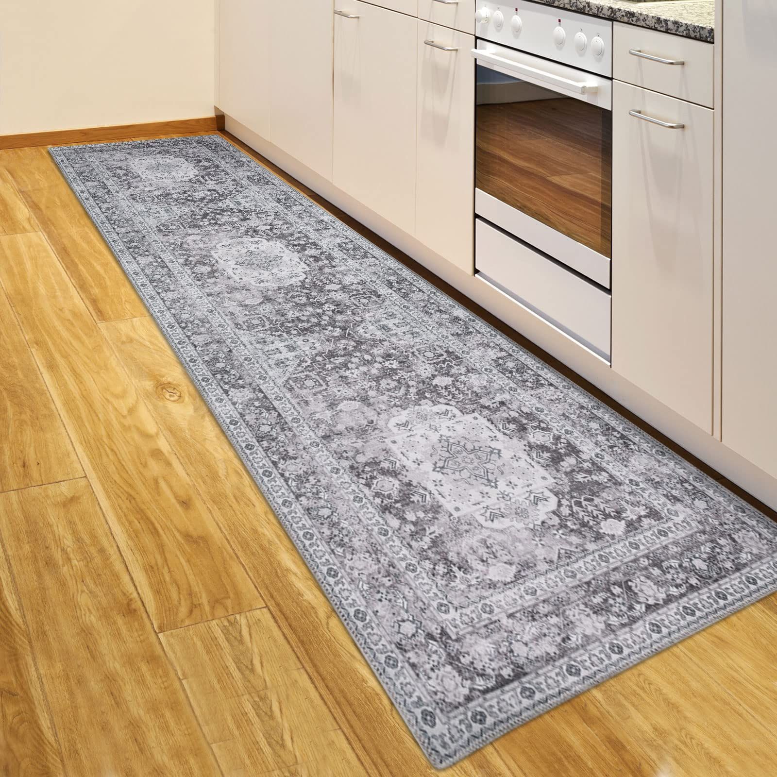 防ダニ グレー 滑り止め オールシーズン カーペット 防臭 廊下 60x240CM マット ラグ ペルシャ風 おしゃれ 床暖房対応 台所マット 洗える 240 キッチンマット