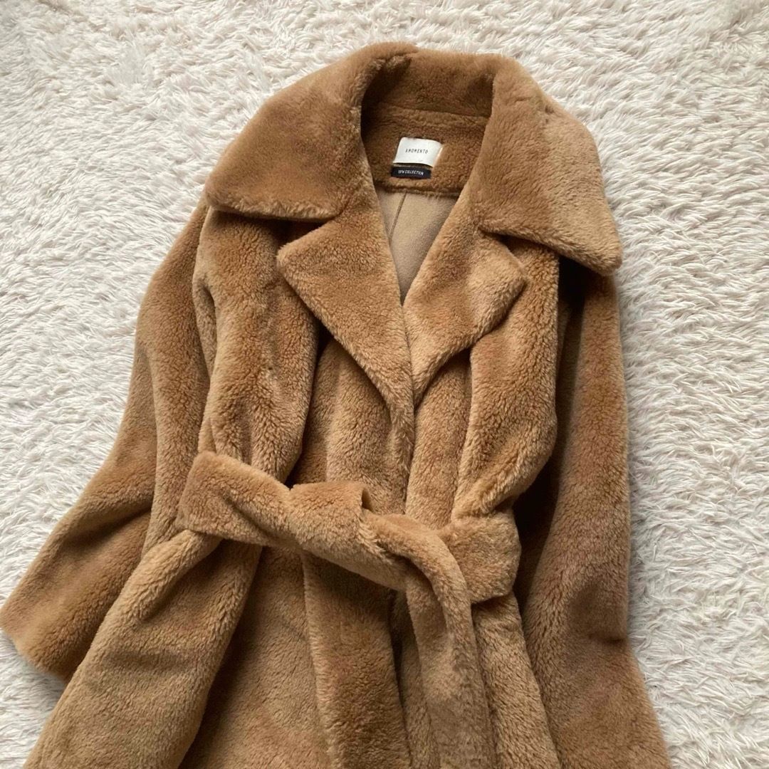 AMOMENTO アモーメント 上質 ウール混 テディベアコート ベルテッドコート ロング キャメルベージュ フリーサイズ