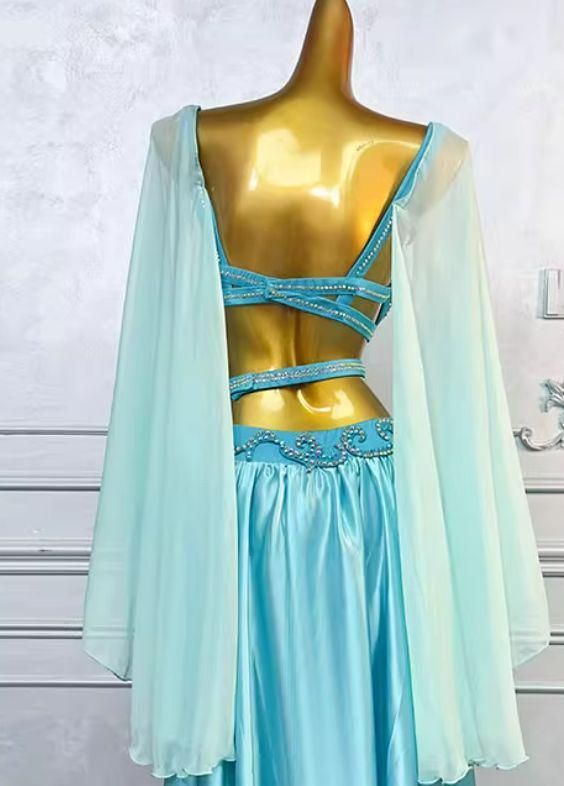 ベリーダンス衣装 ブラベルトスカートセット フレアスリーブ 水色 オーダーメイド ベリーダンス衣装 ブラベルトスカートセット フレアスリーブ 水色