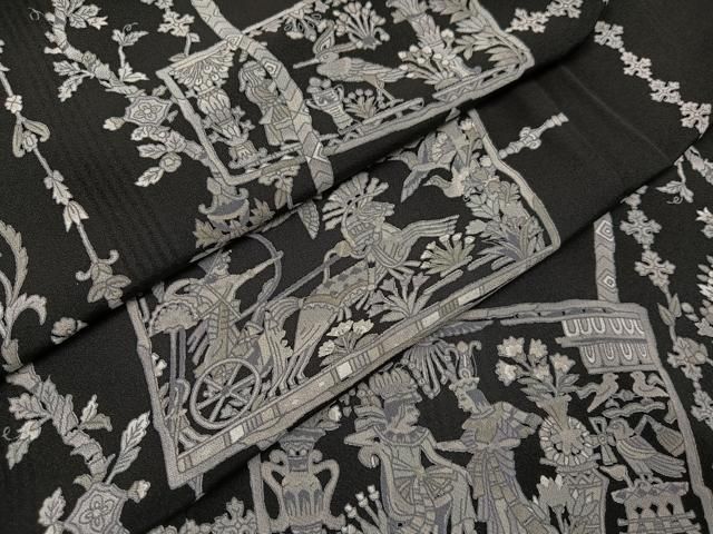 平和屋着物●上質な小紋 人物花鳥文 黒地 正絹 AABB6256ph