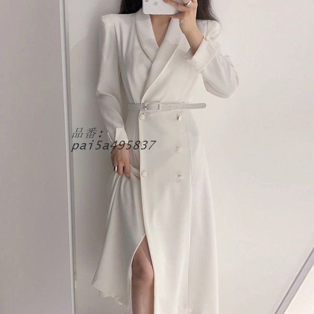 ワンピース 長袖 ジャケット ロング ミモレ丈 襟付き 春 ワンピース 春 秋 ワンピース Vネック 無地 ベルト付き きれいめ シンプル 白黒 ワンピースコート pai5a495837