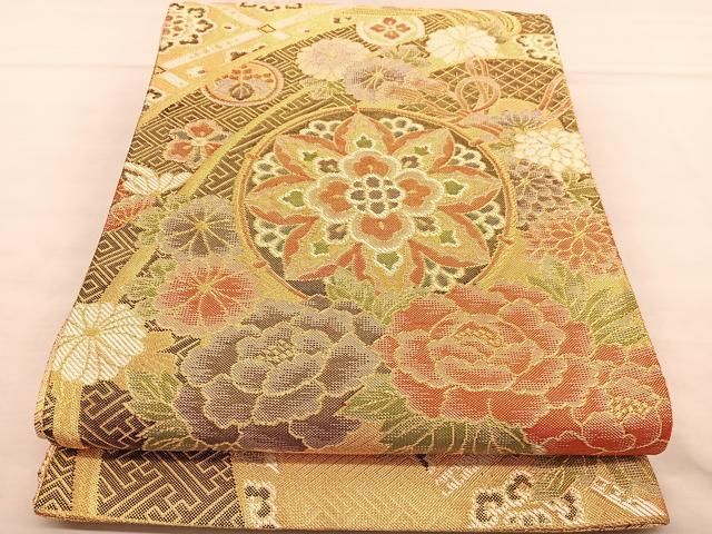 正絹 付け下げ 袋帯 2点セット 金彩 入学式 格子に草花 六通柄 引箔 平和屋着物◎六通柄袋帯 更紗花鳥文 金銀糸 引箔 正絹 逸品