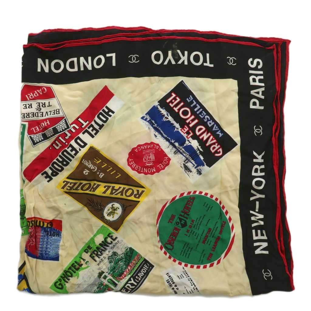 シャネル CHANEL スカーフ 絹 シルク 世界のホテル 総柄 ココマーク  