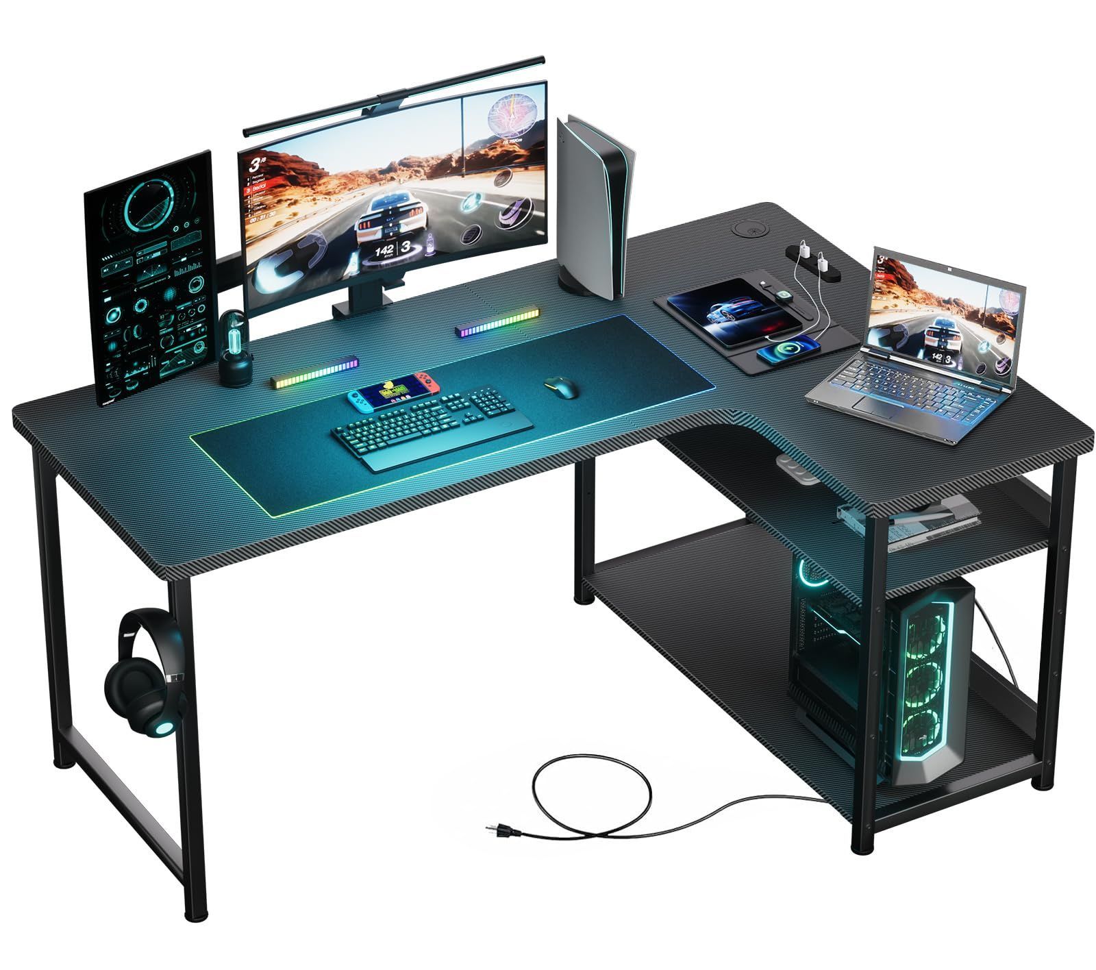 人気商品 GTRACING ゲーミングデスク パソコンデスク L字 コンセント付き ラック付き モニターアーム対応 棚高さ調節 配線穴 右棚 79奥行き*110幅*74.5高さ DL001 BLACK 黒 ジーティーレーシング 机 pcデスク 勉強机 棚