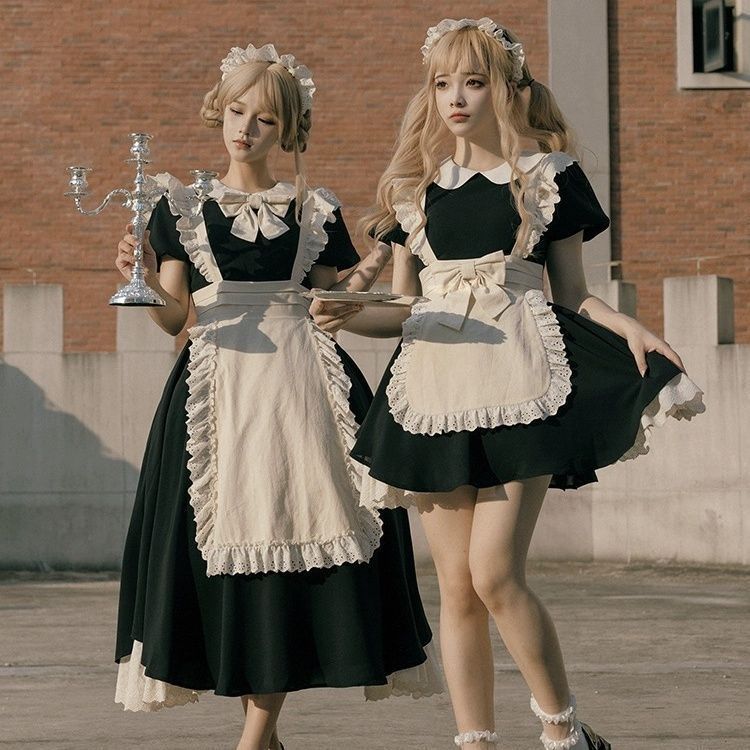メイド服 黒とアイボリー フリル付き LT129 新作】ロリータ 女僕風 古典クラシカル メイド服 短め＆長めOP