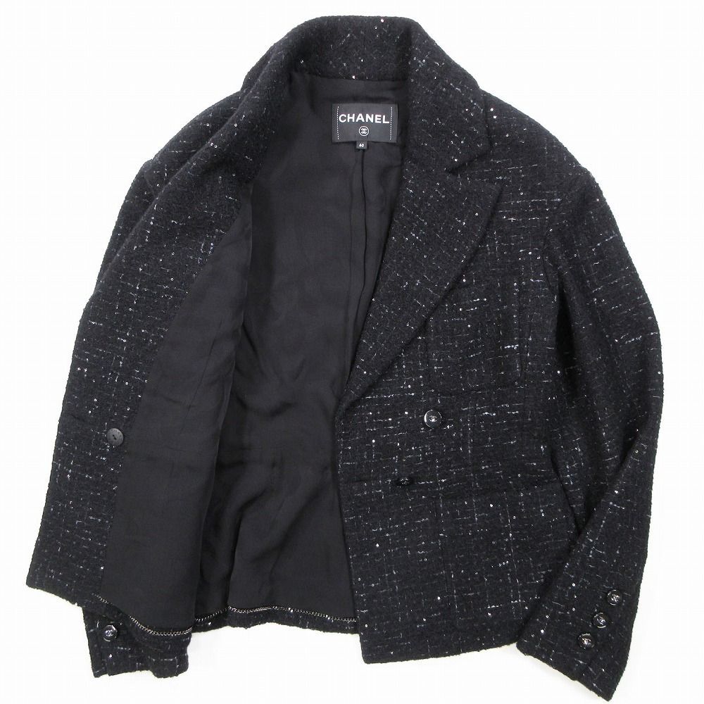 CHANEL BOUTIQUE ダブルブレストジャケット 黒 40 ヴィンテージ 美品 24aw CHANEL シャネル 近年モデル グリッターツイード ジャケット
