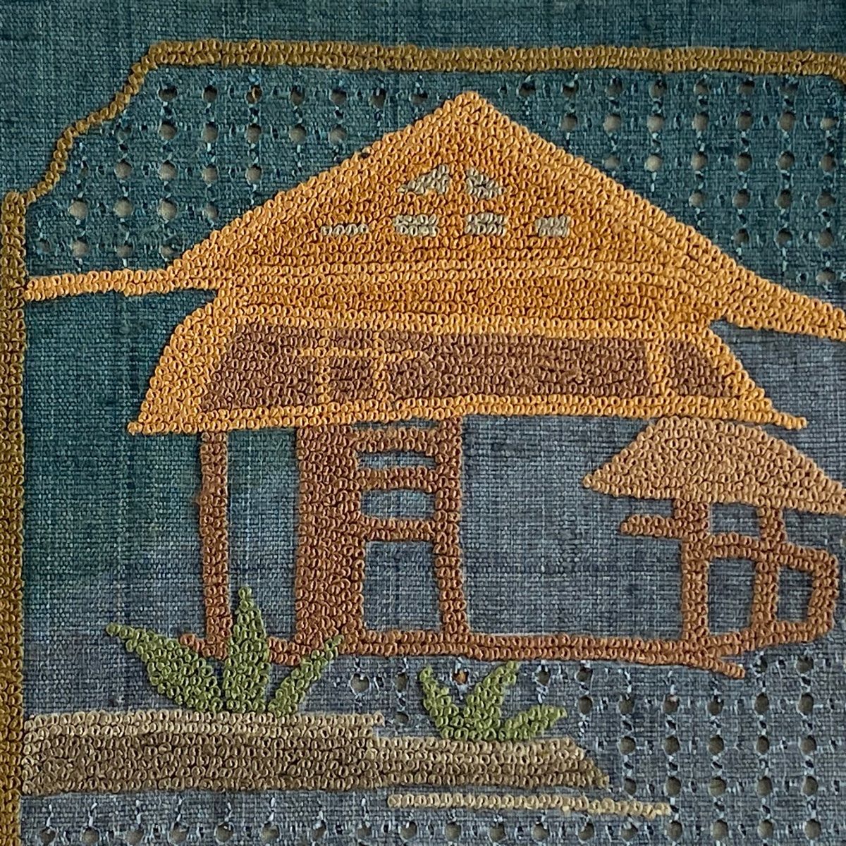 名古屋帯 秀品 家屋 破れ色紙 刺繍 深緑 正絹