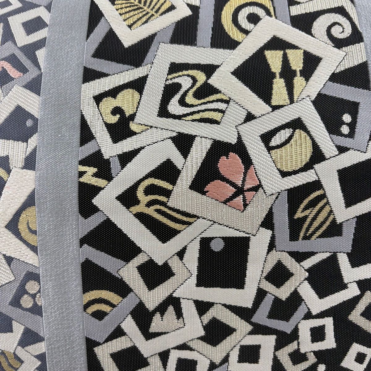 袋帯 名品 色紙 松竹梅 刺繍 箔 青灰色 六通 正絹 【中古