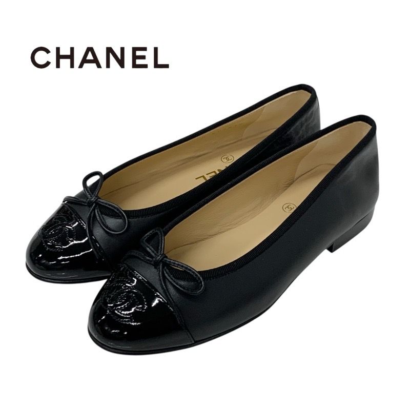 シャネル CHANEL フラットシューズ 靴 シューズ レザー パテント ブラック 黒 ココマーク バレエシューズ バレリーナ リボン