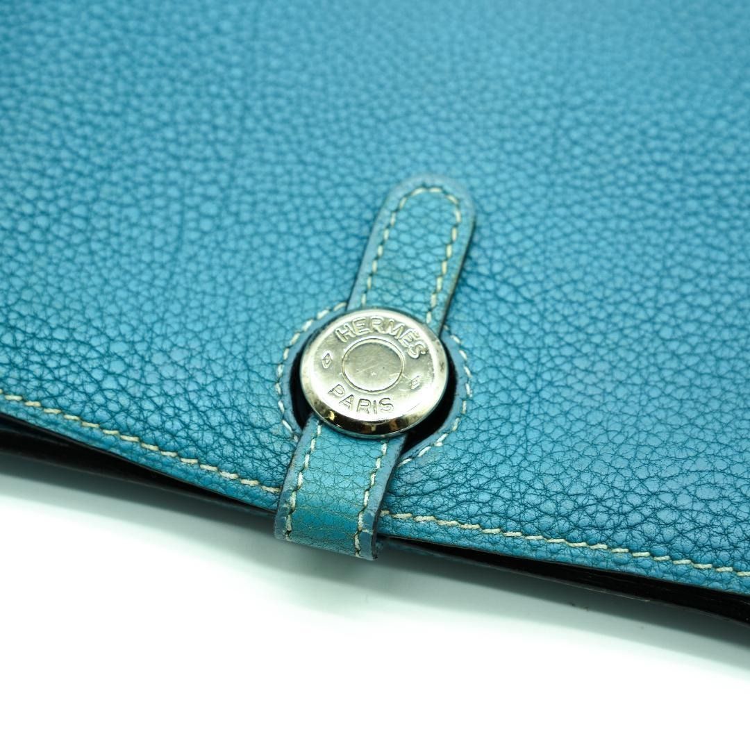 エルメス ドゴンGM 折り財布 □F ブルー系 レザー シルバー金具 レディース HERMES】エルメス ドゴンGM 折り財布 □F ブルー系 レザー