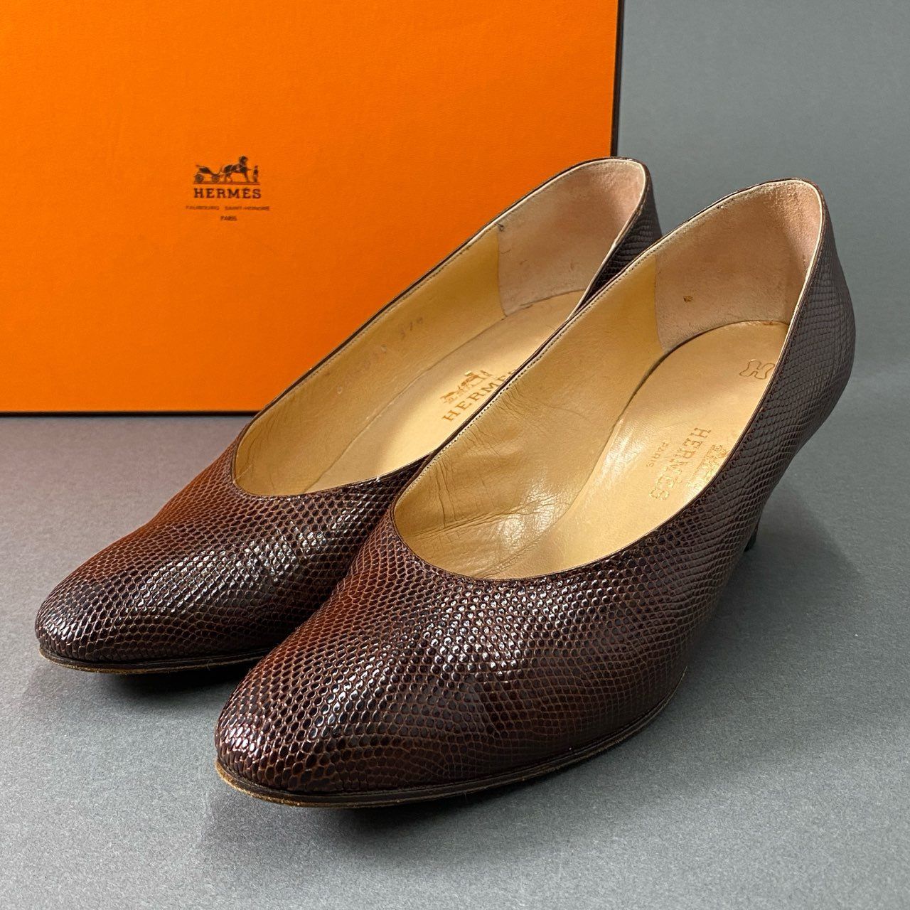 6f26 HERMES エルメス レザーパンプス リザードレザー エキゾチック 