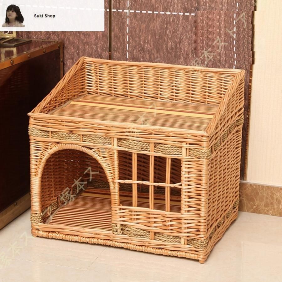 新しい未使用 猫ハウス ドーム型 ペットベッド 藤編み ラタン