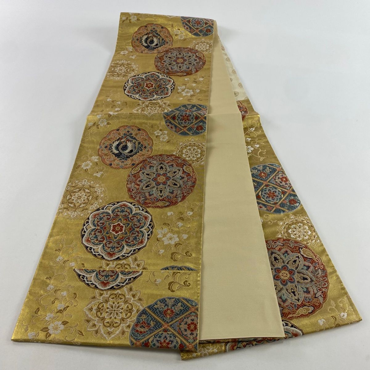 袋帯 美品 秀品 華文 鳳凰 刺繍 箔 金色 六通 正絹 【中古